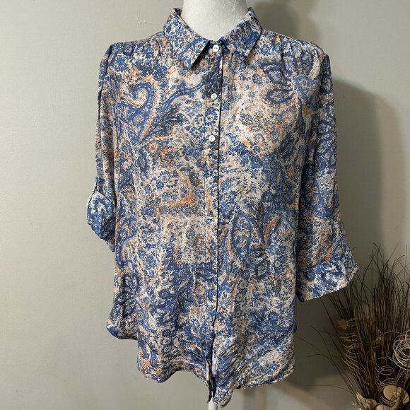 Westbound Petites 3/4 Sleeve Button Up Shirt Blue Orange Paisley Floral Women LP - Picture 1 of 6